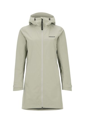 Lys beige knælængde regnjakke med hætte, frontlynlås og Didriksons-logo på brystet, lange ærmer med justerbare manchetter.