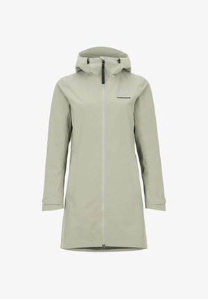 Lys beige knælængde regnjakke med hætte, frontlynlås og Didriksons-logo på brystet, lange ærmer med justerbare manchetter.