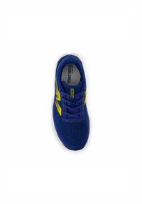 Blue athletic shoe with yellow accents, textured upper, and lace-up design. Features a cushioned sole and branded insole.