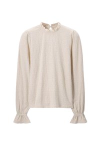 Crème langemouwen blousetop met een textuurpatroon, hoge gerimpelde halslijn en elastische gerimpelde manchetten; relaxte pasvorm.