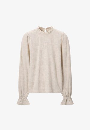 Crème langemouwen blousetop met een textuurpatroon, hoge gerimpelde halslijn en elastische gerimpelde manchetten; relaxte pasvorm.