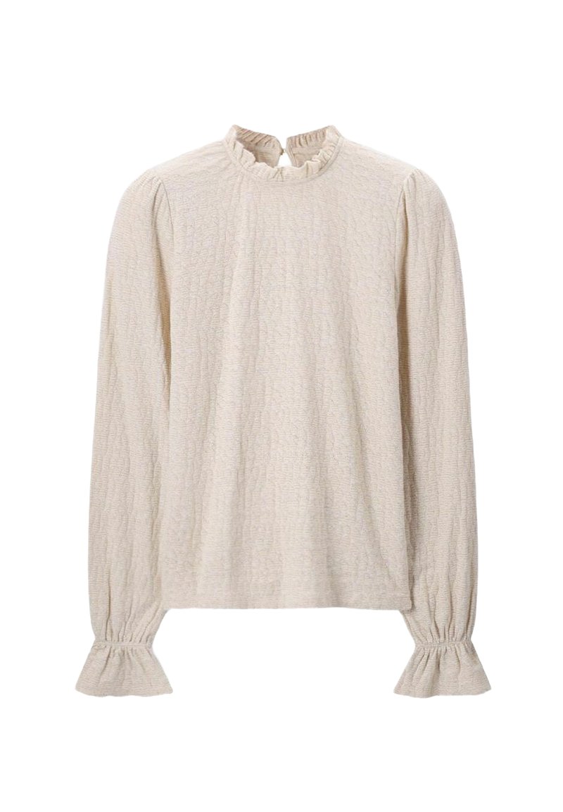 Crème langemouwen blousetop met een textuurpatroon, hoge gerimpelde halslijn en elastische gerimpelde manchetten; relaxte pasvorm.