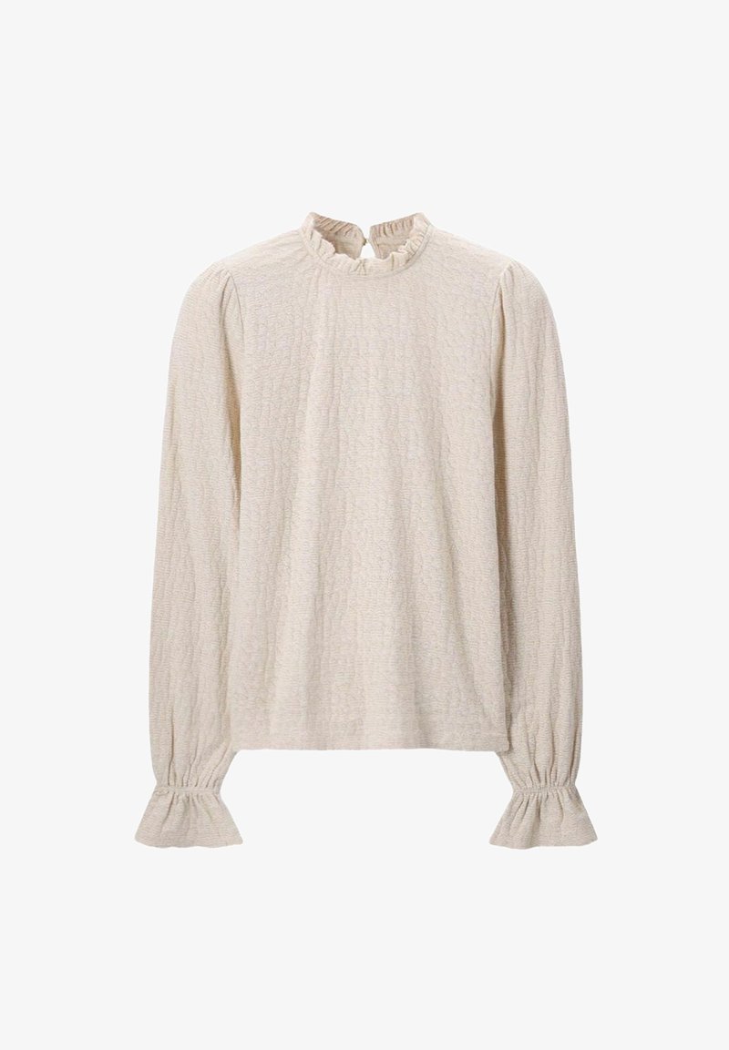 Crème langemouwen blousetop met een textuurpatroon, hoge gerimpelde halslijn en elastische gerimpelde manchetten; relaxte pasvorm.