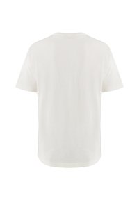 Bílý krátký rukáv tričko s kulatým výstřihem. Hladká textura a volný střih, s čistým, jednoduchým designem na zadní straně bez grafiky.