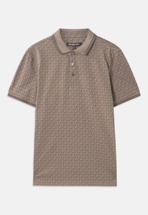 Brown polo shirt with a repeating 'MK' pattern, short sleeves, and a collar. Features three buttons below the collar and contrasting trim.
