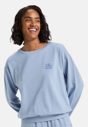 Lichtblauwe sweatshirt gemaakt van zachte stof. Heeft een ronde hals, een losse pasvorm en een klein geborduurd logo aan de voorkant.