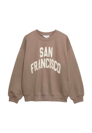 Brązowa bluza z okrągłym dekoltem, długimi rękawami i białym nadrukiem "San Francisco" na piersi.