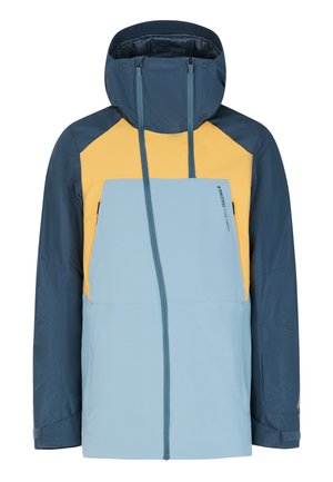 Kleurgeblokte skijas met een blauwe body en gele en marineblauwe accenten, een capuchon, een rits aan de voorkant en twee zijzakken. Waterafstotend materiaal.
