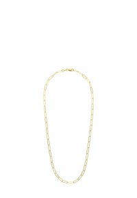 Gouden ketting met verlengde ovale schakels, een gladde textuur en een haaksluiting. Eenvoudig en elegant ontwerp.