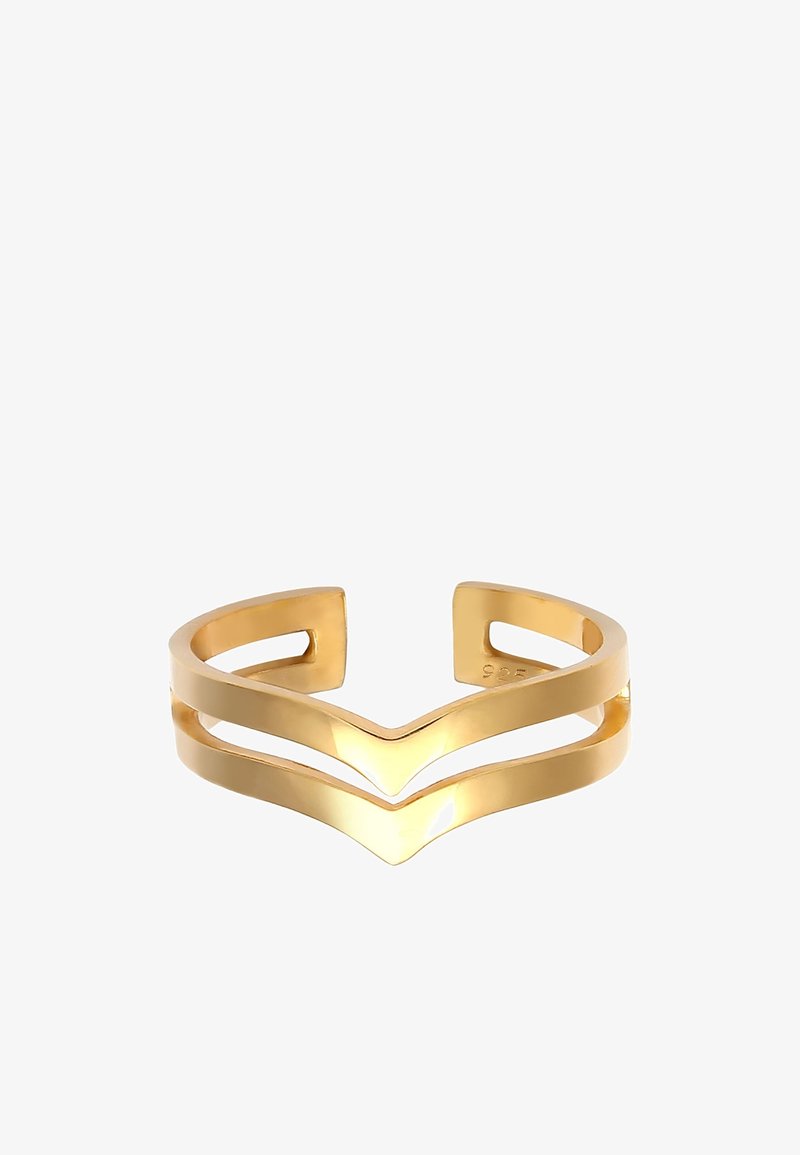 Bague manchette ouverte ton or avec deux bandes parallèles formant un chevron, finition polie et léger espace pour un ajustement réglable.