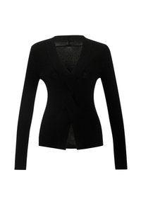Cardigan noir à manches longues en tricot côtelé avec un col en V profond et un design croisé à l'avant.