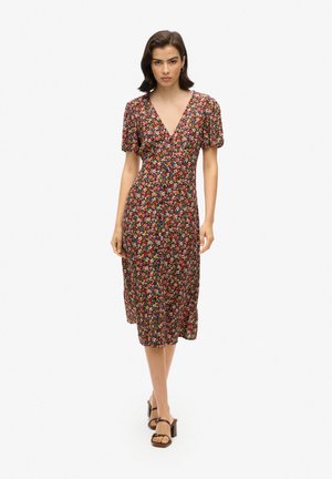 Superdry & Co PRINTED BUTTON-UP SHORT SLEEVE MIDI TEA - Blusenkleid - ditsy brown