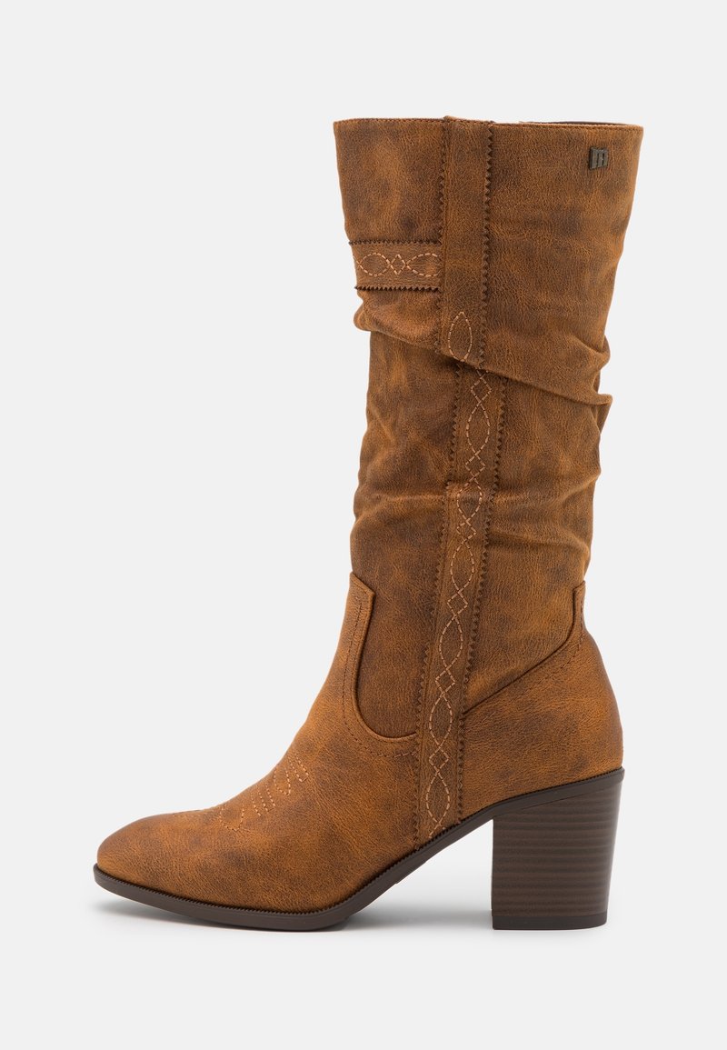 Brown faux leather ankle boot with a slouchy design, pointed toe, and a chunky heel. Features decorative stitching along the sides.