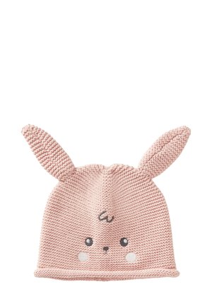 Berretto lavorato a maglia rosa con orecchie da coniglio, faccia rotonda, occhi ricamati e guance arrossate. Texture morbida e rifinito con un bordo a coste.