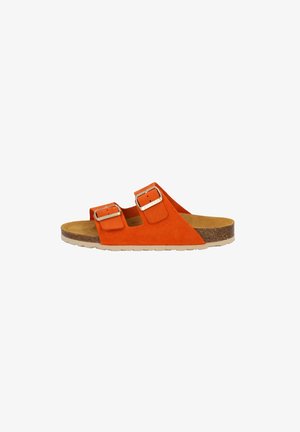 Oranje suède schuif sandaal met twee verstelbare banden, metalen gespen en een gevormd kurken voetbed, met een lichte rubberen zool.