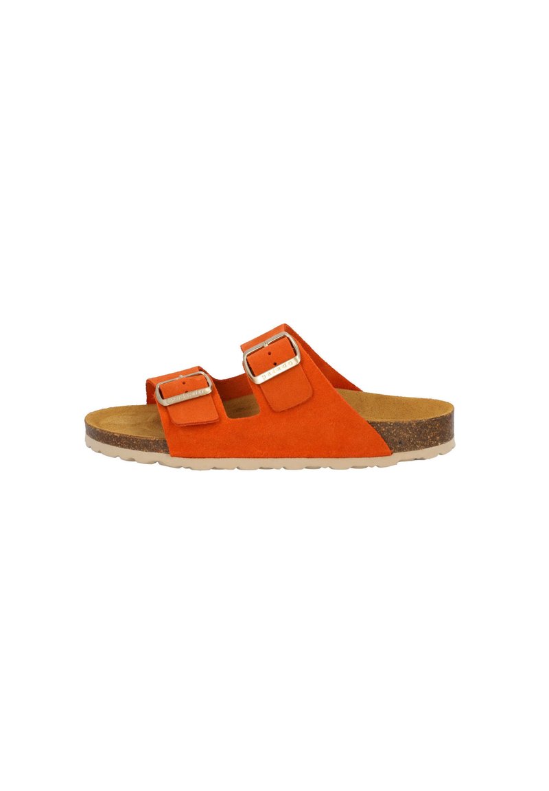 Infradito in suede arancione con due cinturini regolabili, fibbie in metallo e un plantare in sughero sagomato, caratterizzati da una leggera suola in gomma.