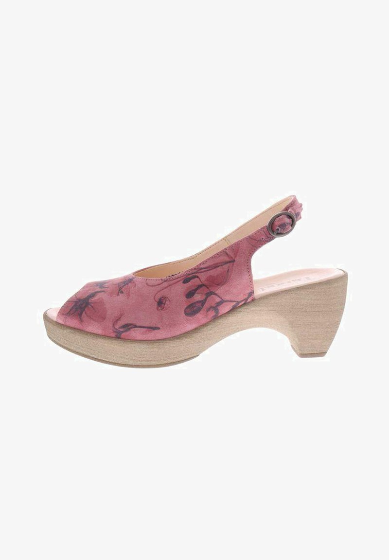 Pink floral fabric slingback shoes with open toe, wooden platform heel, and round buckle detail. Smooth texture with a curved silhouette.