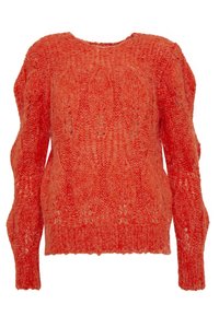 Pull en tricot de couleur corail vif, avec un design texturé et à motifs, à manches longues et col rond. Léger et aéré.