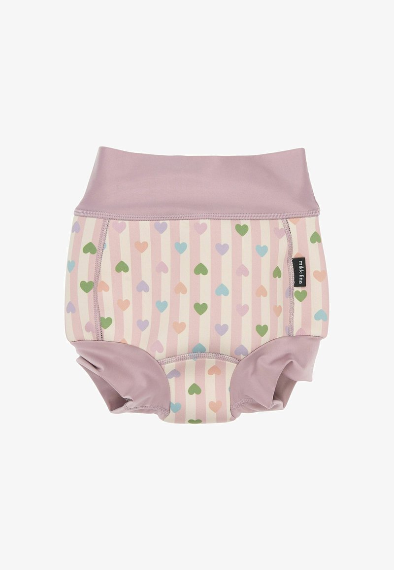 Culotte d'entraînement réutilisable avec une ceinture lavande et un corps à motif présentant des cœurs aux couleurs pastel sur un fond rayé.