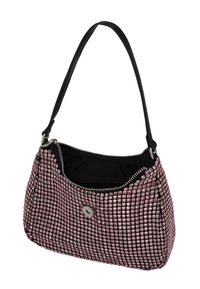 Borsa hobo con tracolla nera, ricoperta di rhinestone rosa, con chiusura a zip e dettagli metallici argentati, con interno nero liscio.