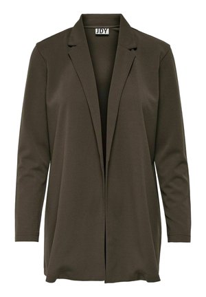 Brauner Blazer mit langen Ärmeln und Schalkragen, offenem Design, aus einem glatten Stoff gefertigt, mit minimalen Details und einer lockeren Passform.