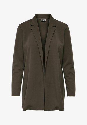 Blazer marrone a maniche lunghe con revers, design aperto, realizzato in un tessuto morbido, caratterizzato da dettagli minimi e una vestibilità rilassata.