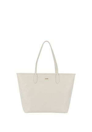 Beżowa skórzana torba typu tote z wypukłymi wzorami, dwoma paskami na ramię i małym złotym logo „JOOP!” na przednim środku.