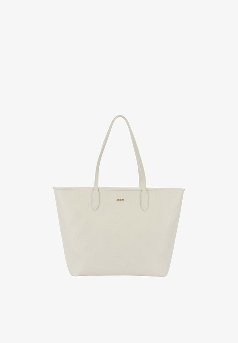 Bolso tote de cuero beige con patrones en relieve, dos asas para el hombro y pequeño logo dorado "JOOP!" en el centro delantero.