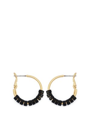 Small gold hoop earrings with a clasp closure, decorated with evenly spaced black beads along the lower half of each hoop.