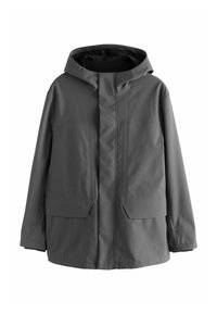 Gray waterproof hooded jacket with a front zipper, two large pockets, and a sleek design. Smooth texture and minimal detailing.