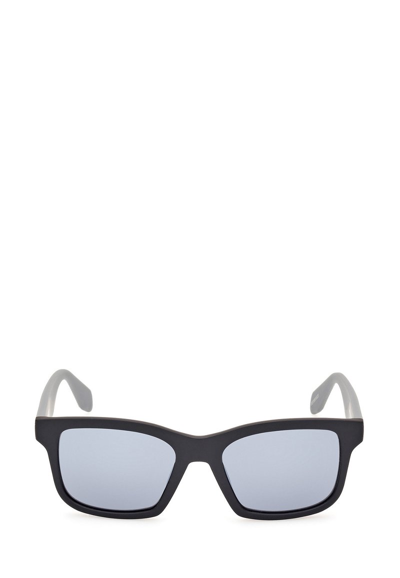 Black rectangular sunglasses with gray lenses. Soft matte finish on the frame, featuring slightly rounded edges and clear temples.