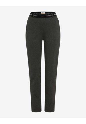 Dunkelgraue Freizeithose mit geradem Bein, schwarzem elastischem Bund mit dünnen weißen Streifen und Gürtelschlaufen, sichtbaren vorderen Reißverschlusstaschen.