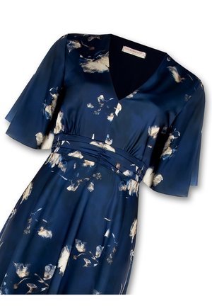 Navyblaues Kleid aus glattem Stoff mit V-Ausschnitt, kurzen schwingenden Ärmeln und floralem Druck in Creme und Hellblau. Taillierte Details.