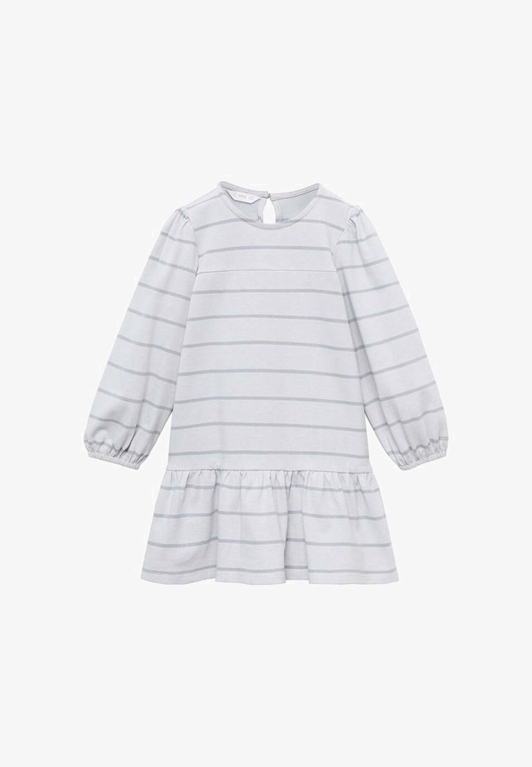 Haljina dugih rukava sivo-bijelih pruga, sa lepršavim donjim dijelom i otvorom na leđima. Izrađena od mekog materijala, s nabranim manžetama.