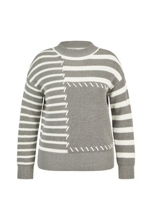 Chunky knit sweater with gray and white horizontal stripes, a large front patch, and decorative white stitching accents.