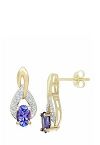 Zlatni naušnice s dizajnom u obliku suze, s ljubičastim kamenom i prozirnim kamenčićima koji ukrašavaju rubove. Tekstura na metalu i kopča na stražnjoj strani.