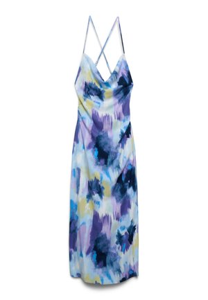 Robe maxi sans manches avec de fines bretelles croisées et un motif aquarelle dans des tons de violet, bleu, jaune et blanc.