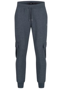 Ciemnoszare joggery cargo z bocznymi kieszeniami z klapą, elastycznym pasem ze sznurkiem oraz ściągaczami na kostkach, rozmiar średni.