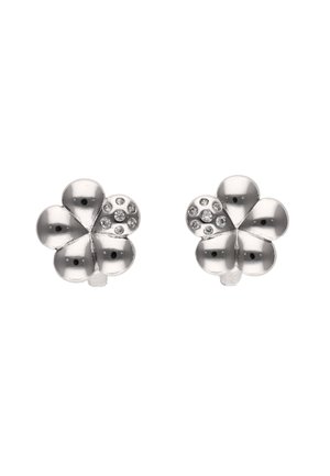 Boucles d'oreilles en argent en forme de fleur avec des pétales arrondis et des accents en forme de diamant transparent sur un pétale, finition métallique polie.