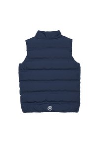 Marineblå pufvest med høj krave, lodret quiltet design og logo ved sømmen. Letvægtsmateriale, ærmeløs skæring, glat tekstur.