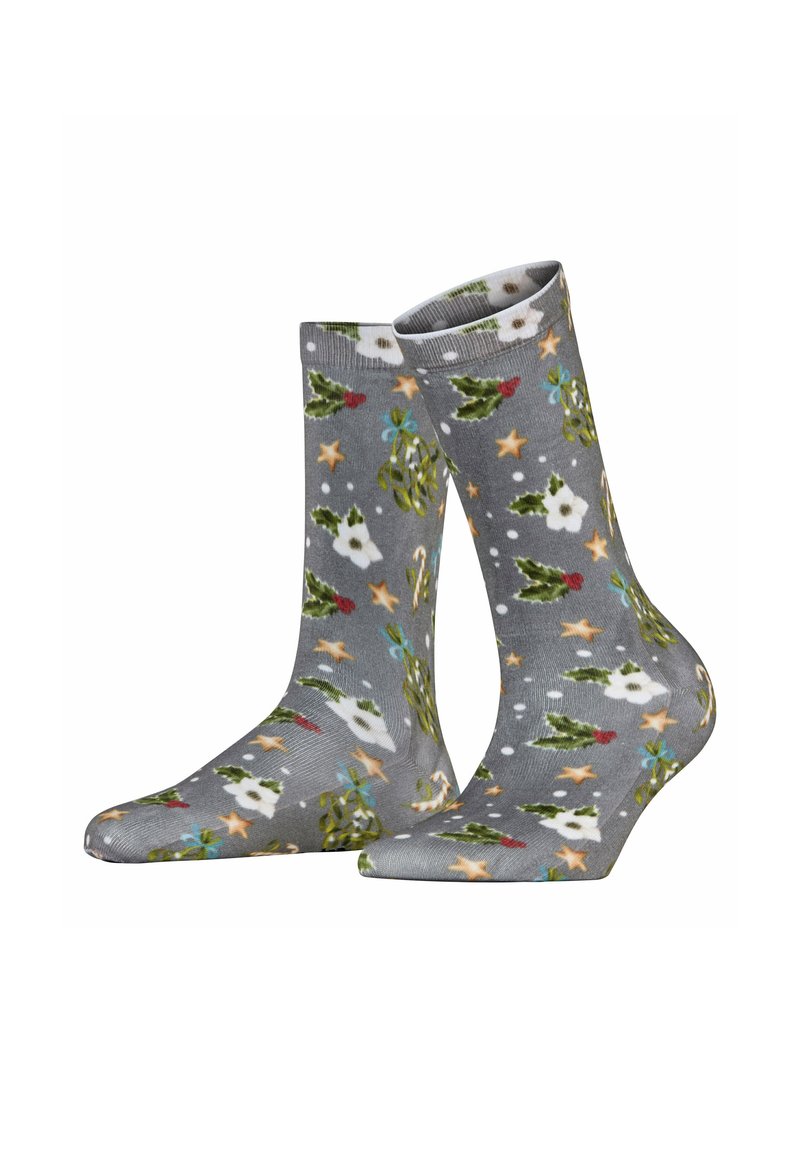Calze grigie con un motivo natalizio di vischio, stelle e fiocchi di neve, realizzate in tessuto morbido con una texture liscia.