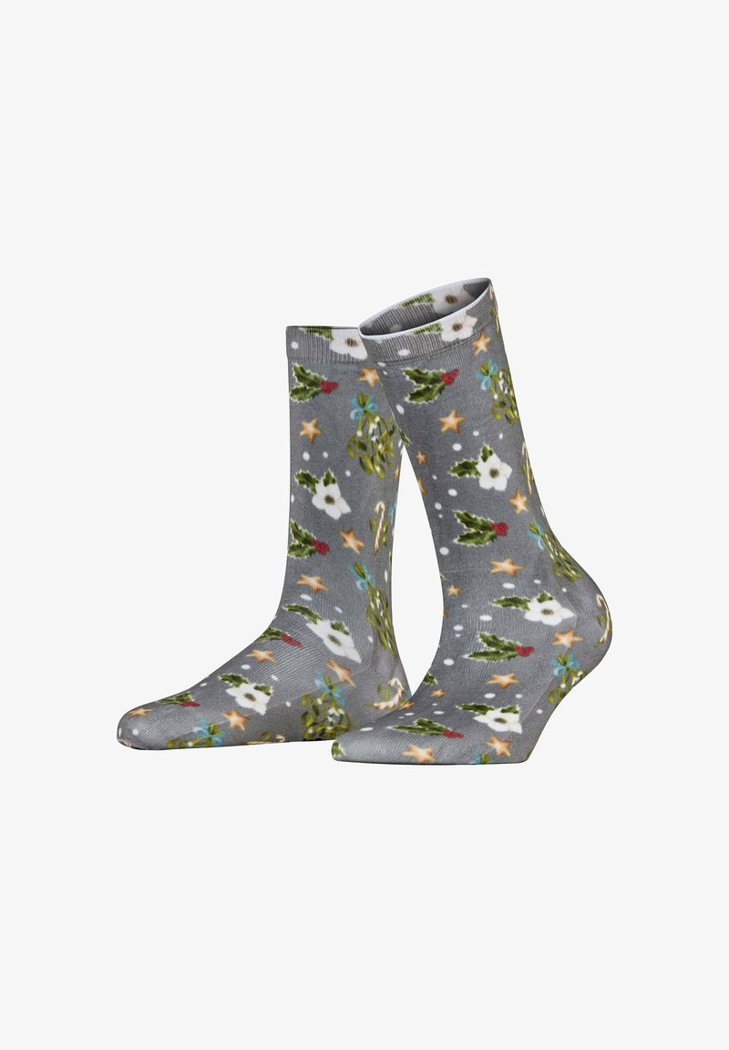Calze grigie con un motivo natalizio di vischio, stelle e fiocchi di neve, realizzate in tessuto morbido con una texture liscia.