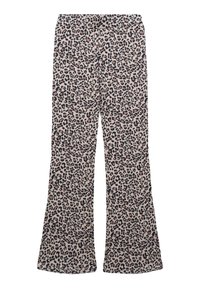 Pantaloni a zampa d'elefante in un tessuto leggero, caratterizzati da un motivo a stampa leopardata in nero e rosa su uno sfondo beige. Texture liscia, vita elastica.