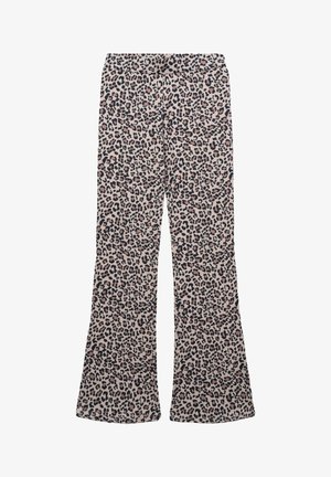 Pantaloni a zampa d'elefante in un tessuto leggero, caratterizzati da un motivo a stampa leopardata in nero e rosa su uno sfondo beige. Texture liscia, vita elastica.