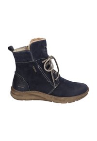 Bottines en daim bleu marine avec une doublure en fausse fourrure, bout arrondi, fermeture à lacets à l'avant et semelle en caoutchouc texturée. Présente des coutures et un détail de marque.