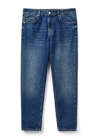 Modré džíny z denimu s rovnými nohavicemi, středním pasem, pěti kapsami a cvočky v měděné barvě. Mírně vybledlá textura s hladkým povrchem.