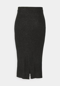 Knälång svart kjol gjord av ribbat tyg med en subtil metallisk lyster. Har en slits bak för ökad rörelsefrihet.