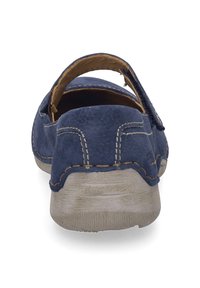 Blauer Lederschuh mit abgerundeter Ferse, dekorativen Nähten und einer leicht strukturierten Sohle. Verfügt über einen Slingback-Riemen für einen sicheren Sitz.