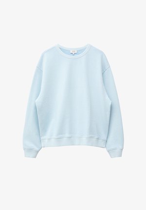 Hellblaues Sweatshirt mit langen Ärmeln, Rundhalsausschnitt und gerippten Bündchen an Ärmeln und Saum, auf weißem Hintergrund dargestellt.