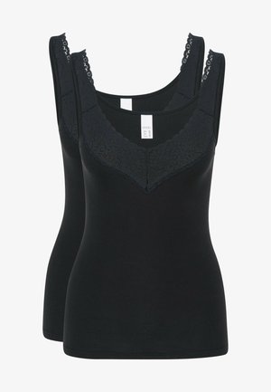 Top neri senza maniche con spalline larghe, caratterizzati da un bordo in pizzo attorno al colletto. Tessuto morbido e design aderente con una texture liscia.